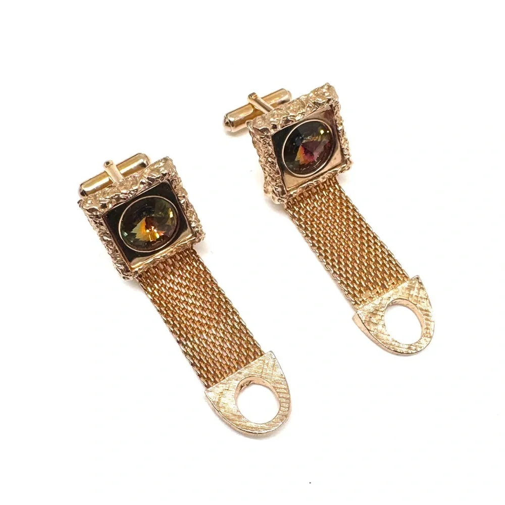 Vintage Watermelon Rivoli Wraparound Cufflinks Textured Square Goldtone Mesh